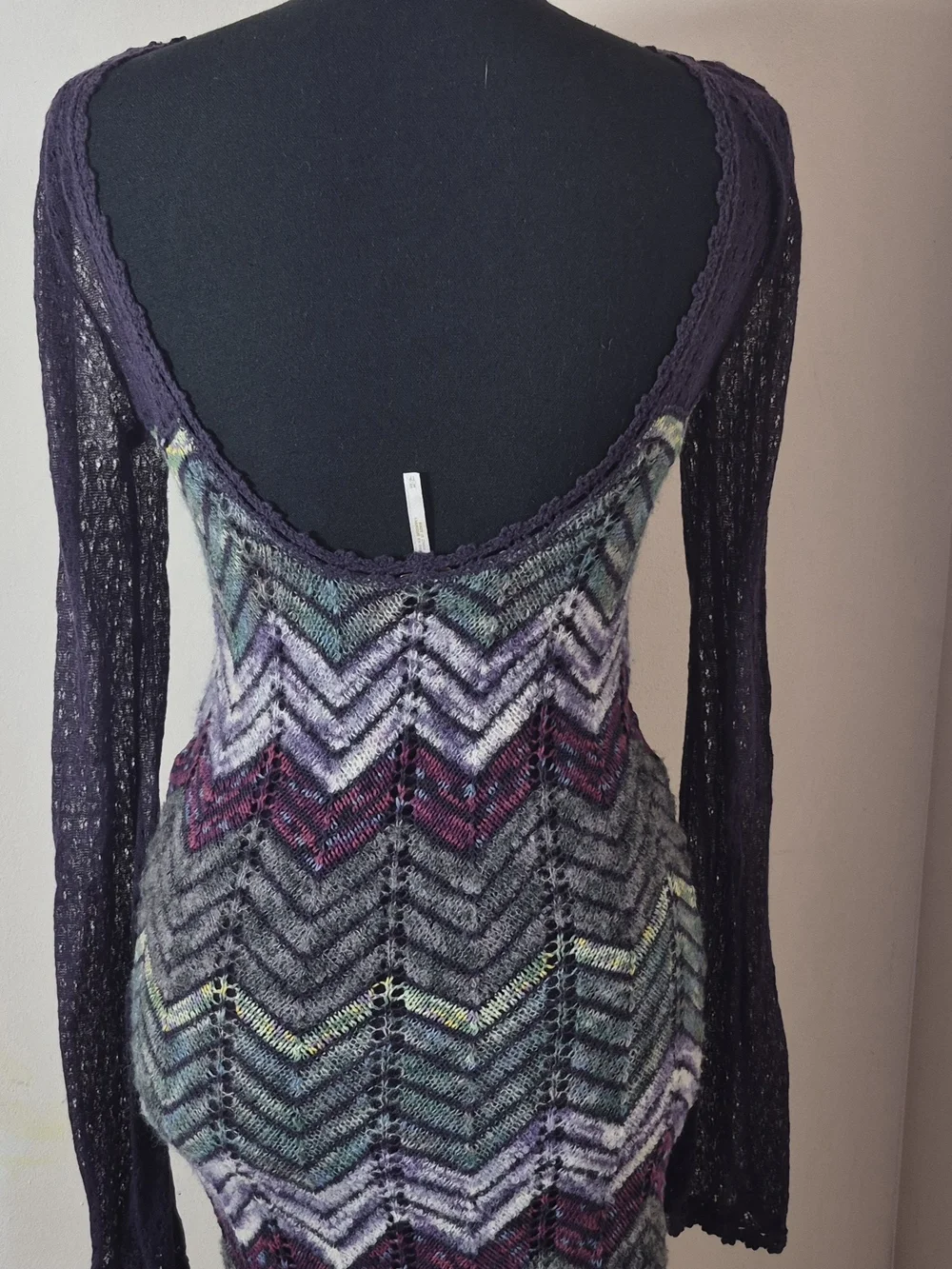 Free People Dress Womens XS Crochet Knit Chevron Bell Sleeve Scoop Back